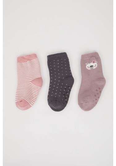 DeFacto Kız Bebek Kaydırmaz Taban 3'lü Pamuklu Uzun Çorap D2481A5NSKR1 Çok Renkli