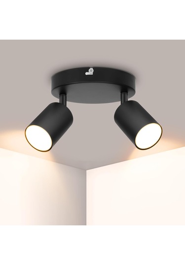 Siyah Tavan Spotu, Gu10 Led Tavan Lambası, 2 Ayarlanabilir Spot, Yuvarlak Tavan Aydınlatması, Ampulsüz Teslimat