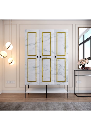 Pasific Home Martin 3 Kapaklı Gardırop Elbise Dolabı, Beyaz& Beyaz Mermer