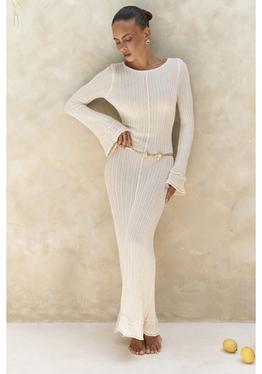 Matias Sırt Dekolteli Ekru Triko Uzun Elbise Ekru