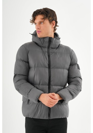 Erkek Kapüşonlu Fermuarlı Cepli Kışlık Şişme Kısa Mont Antrasit