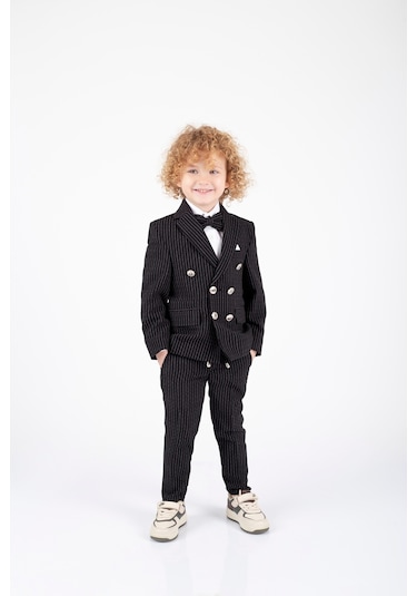 Erkek Çocuk Ceket Gömlek Pantolon Papyonlu Takım Elbise Te.1001y Siyah