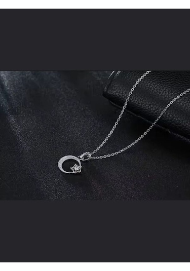 925 Ayar Gümüş Kristal Taşlı Ay Yıldız Kolye