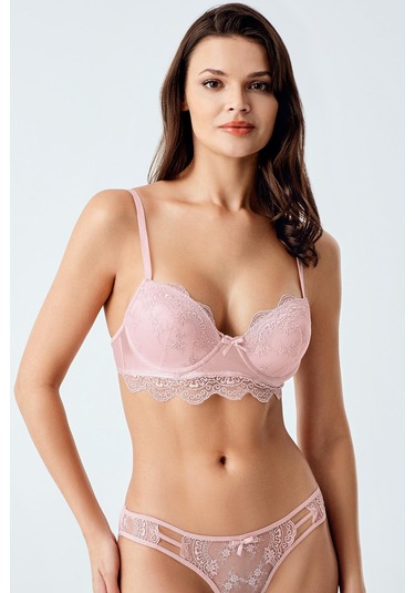 Luw 6118 Pudra Dolgulu Sütyen Külot Dantelli 2Li Takım Pudra