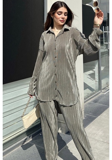 Kadın Haki Uzun Tunik Gömlek & Beli Lastikli, Bol Paça Pantolon - Salaş Bürümcük Takım Haki