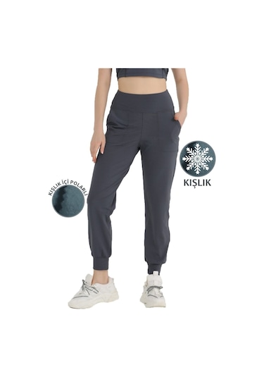 Kadın Antrasit Polarlı Kışlık Eşofman Altı Jogger Yüksek Bel Şardonlu Dalgıç 1062 Antrasit