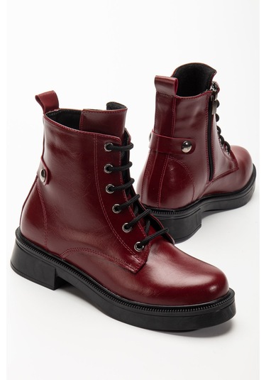 02-2003 Bordo Kırışık Rugan Bağcıklı Fermuarlı Günlük Kadın Bot Bordo