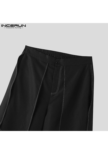 Incerun Sonbahar Sahte İki Parçalı Pileli Düzensiz Etek Uzun Pantolon Siyah