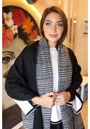 Çift Taraflı Kazayağı Desenli Atkı Omuz Şalı 70x185 CM 1212 Siyah