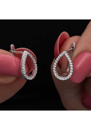 Gümüş Beyaz Taşlı Damla Kadın Küpe 14 MM-Gümüş