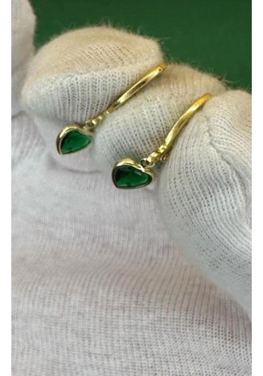 Kadın Gold Renk Kalpli Zirkon Taşlı Minimal Küpe Yeşil