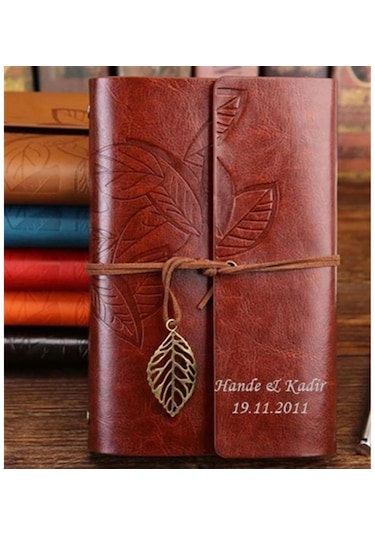 Kişiye Özel Yaprak Tasarımlı Deri Hatıra Defteri  Büyük Boy