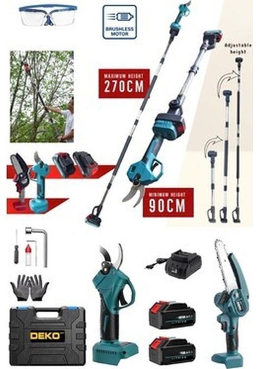 Deko Turkey 2400vlion Blue 2'li Bir Arada X2 Çift Akülü Teleskopik Dal Budama Bağ Makası Seti 2.70mt