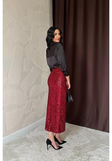 Bordo Pulpayetli Parlak Etek Bordo
