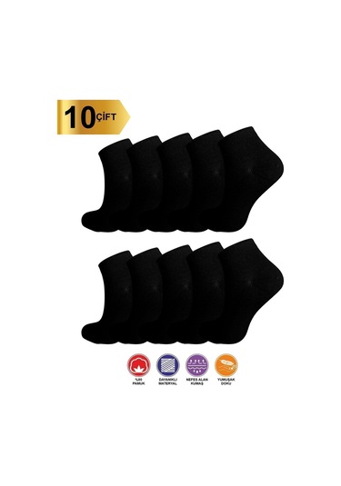 10 Çift Yazlık Terletmez Desensiz Düz Sade Kadın Patik Pamuk Siyah Çorap - Bilek Boy Kısa Çorap Siyah