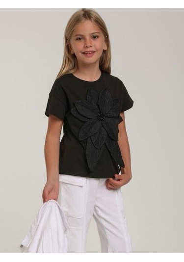 Escabel Kız Çocuk Çiçek İşlemeli Tasarım T-shirt-15614 Siyah