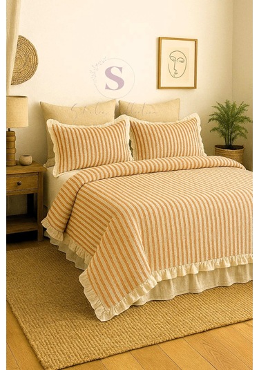 Turuncu-bej % 100 Pamuk Fırfır İplik Boyalı Çift Kişilik Nevresim Takımı,modern Çizgili Nevresım Set Karışık Turuncu