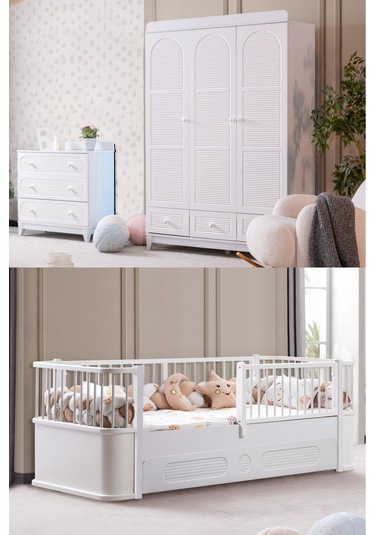 Antalya Çocuk Odası Takımı, Antalya Yavrulu Karyola, Berlin 3 Kapaklı Dolap, Şifonyer - Beyaz Renkli