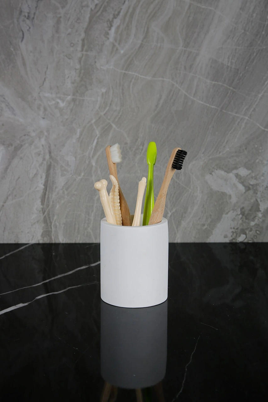 Mermer Desenli El Yapımı Beton Diş Fırçalık Banyo Tuvalet Diş Fırçalığı Beyaz