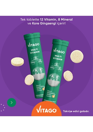 Vitago Multivitamin Mineral İçeren Takviye Edici Gıda 2 x 20 Efervesan Tablet