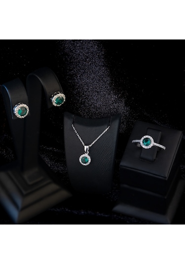 925 Ayar Gümüş Yeşil Tek Taşlı Set
