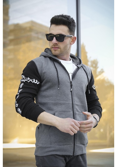 Oksit Extrem Pamuklu Üç İplik Şardonlu Fermuarlı Kapüşonlu Kol Baskılı Slim Fit Erkek Sweatshirt Oksit Extrem Pamuklu Üç İplik Şardonlu Fermuarlı Kapüşonlu Kol Baskılı Slim Fit Erkek Sweatshirt