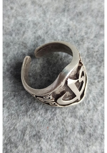 Elif Vav Motif Şekilli Gümüş Kaplama Ayarlanabilir El Yapımı Erkek Yüzük Çok Renkli