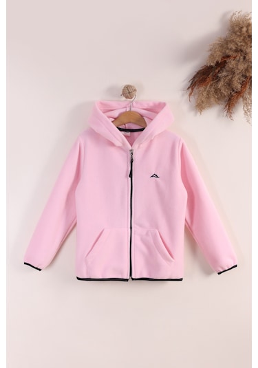 Monox Lastik Manşetli Fermuarlı Kapüşonlu Çocuk Unisex Polar Ceket Pembe