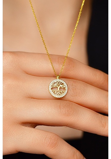 Erdobia Zirkon Taşlı Gold Yaşam Ağacı Gümüş Kolye N10106