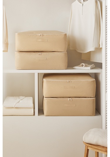 Home Wave 4'lü Büyük Boy Bej Pötikare Baza Altı Hurç Set 62 x 46 x 22 cm