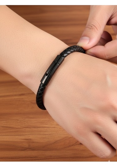 Gogoey Dbg8181 Erkek Deri Bileklik Paslanmaz Çelik Metal Siyah Siyah