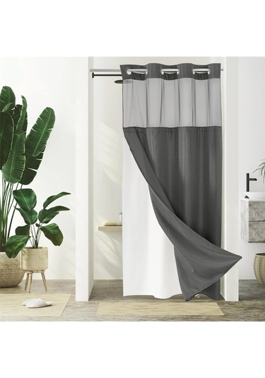 Kancasız Waffle Dokuma Duş Perdesi Çıtçıtlı Kumaş Astar Seti, B Diğer