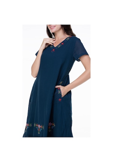 Kısa Kol Şile Bezi Mehtap Midi Boy Nakış Detaylı Elbise Petrol Ptrl-petrol Petrol