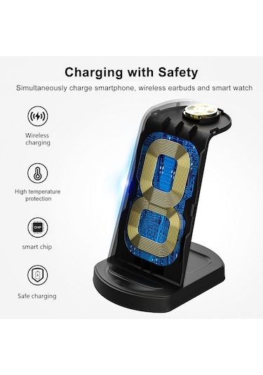 Maiyame 15w Üçlü Fonksiyonlu Dikey Kablosuz Şarj Cihazı - Telefon Ayakçılığı, Saat Ve Kulaklık Şarj Edici Beyaz