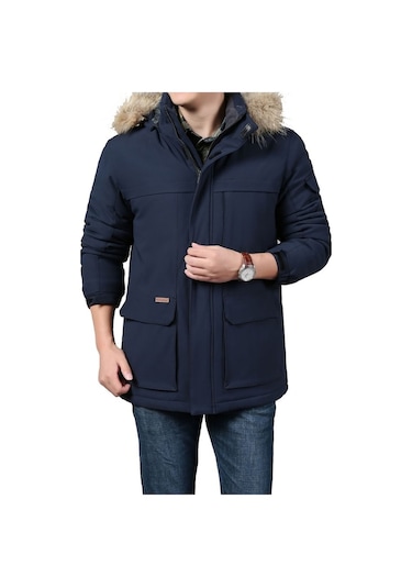 Xinxin Kapüşonlu Kalınlaştırılmış Orta Boy Kaban,mavi Koyu Mavi