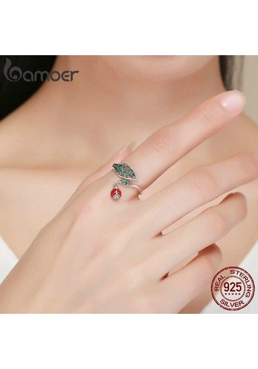 Bamoer 925 Ayar Gümüş Dinlenme Uğur Böceği Ağaç Yapraklarında Dangle Parmak Yüzük Gümüş