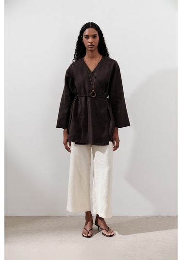 Keten Kruvaze Kapama Kimono Acı Kahve Acı Kahve