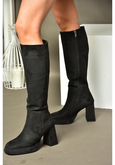 Fox Shoes R282230102 Siyah Süet Platform Kalın Topuklu Kadın Çizme Siyah