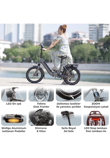 Katlanabilir Elektrikli Bisiklet B13 Pedelec Gri Güçlü 36v 14