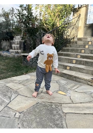 2-3-4 Yaş Ayıcık Sallanan Ayak Desenli Likra Penye Kumaş Sweat Pantolonlu Kız Erkek 2li Çocuk Takımı İndigo