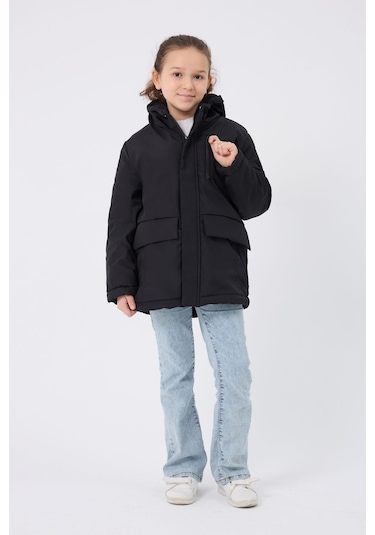Freemen Kız Çocuk Siyah Kürklü Su Ve Rüzgar Geçirmez Kapüşonlu 3 Kışlık Mont Siyah
