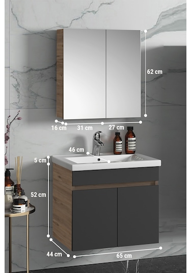 Çiğdem 65 Cm Atlantik Çam-Antrasit Gri Mat Mdf Seramik Lavabolu A Antrasit - Atlantik Çam