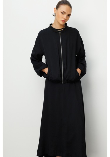 Mizalle Modal Karışımlı Siyah Oversize Bomber Ceket Siyah