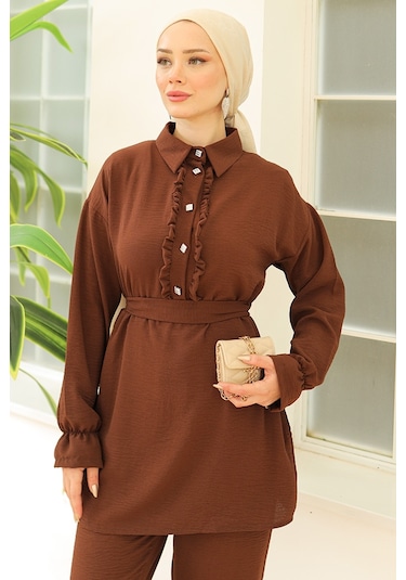 Fırfır Yaka Tunik Pantolon İkili Takım 930 - Kahve Kahverengi