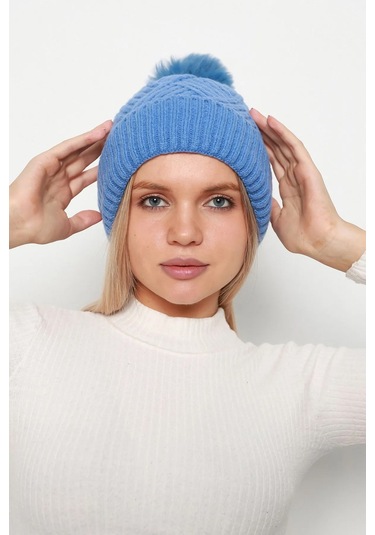 Kalın Ponponlu İçi Yünlü Kadın Bere Rkş-17 Mavi Mavi