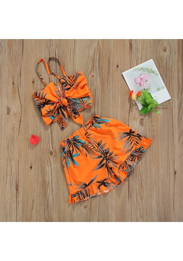 Kız Üstleri, Şortlu Takım, Ilmek Askılı Yazlık Gömlek Yaprak Baskılı Plaj Yeleği Bol Pantolon, Turuncu