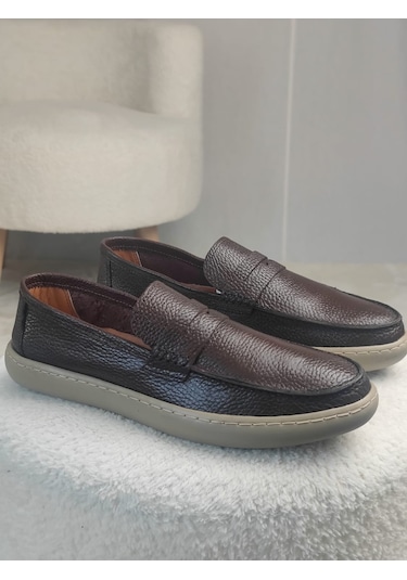 Muggo Harnaz Bağcıksız Hakiki Deri Erkek Günlük Casual Ayakkabı Kahverengi