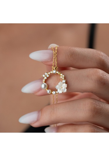 925 Ayar Gümüş Sedef Taşlı İncili Kolye Gold