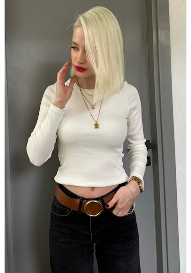 Madmext Ekru Bisiklet Yaka Slim Fit Kadın Body Mg2564 Ekru