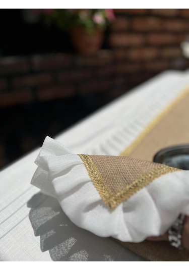 Diletto Hasır Jüt Kumaş Gold Şeritli Tül Fırfırlı Runner Hasır Kahve
